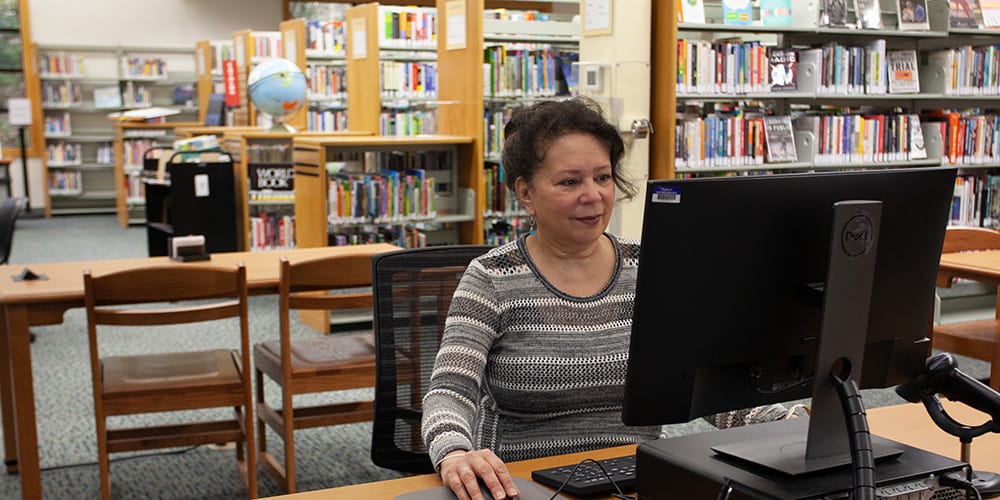 photo of an adult using a computer at a library